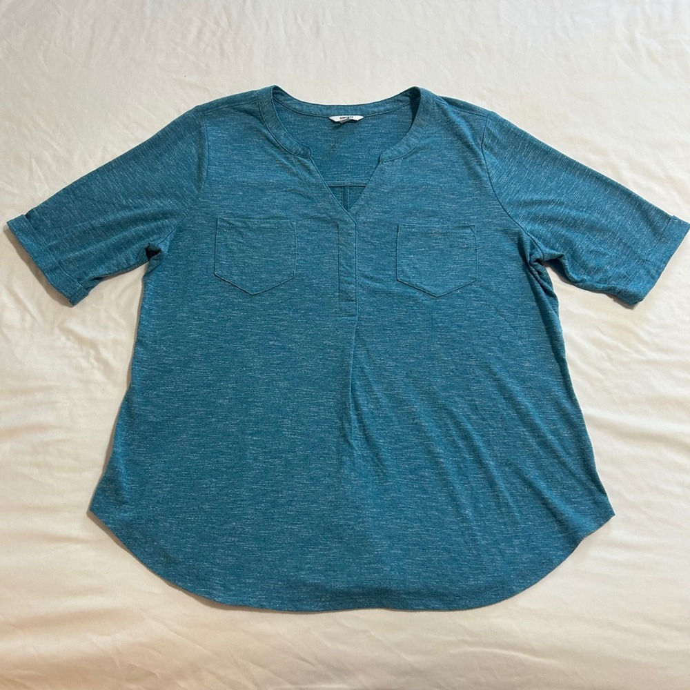 Sonoma Goods For Life Womens XL Teal Space Dye Notched V-Neck Pocket Top RN73277